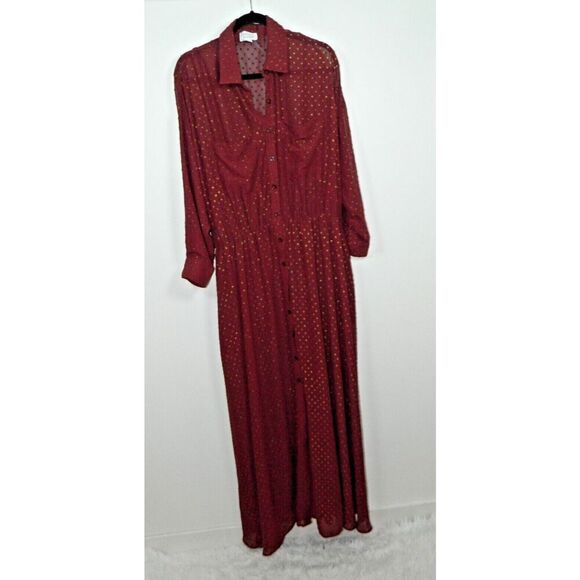 Unique Vintage Dress Size 3X/20 Burgundy Gold Clip Dot Blanche Maxi Shirt Belted - Picture 4 of 10
